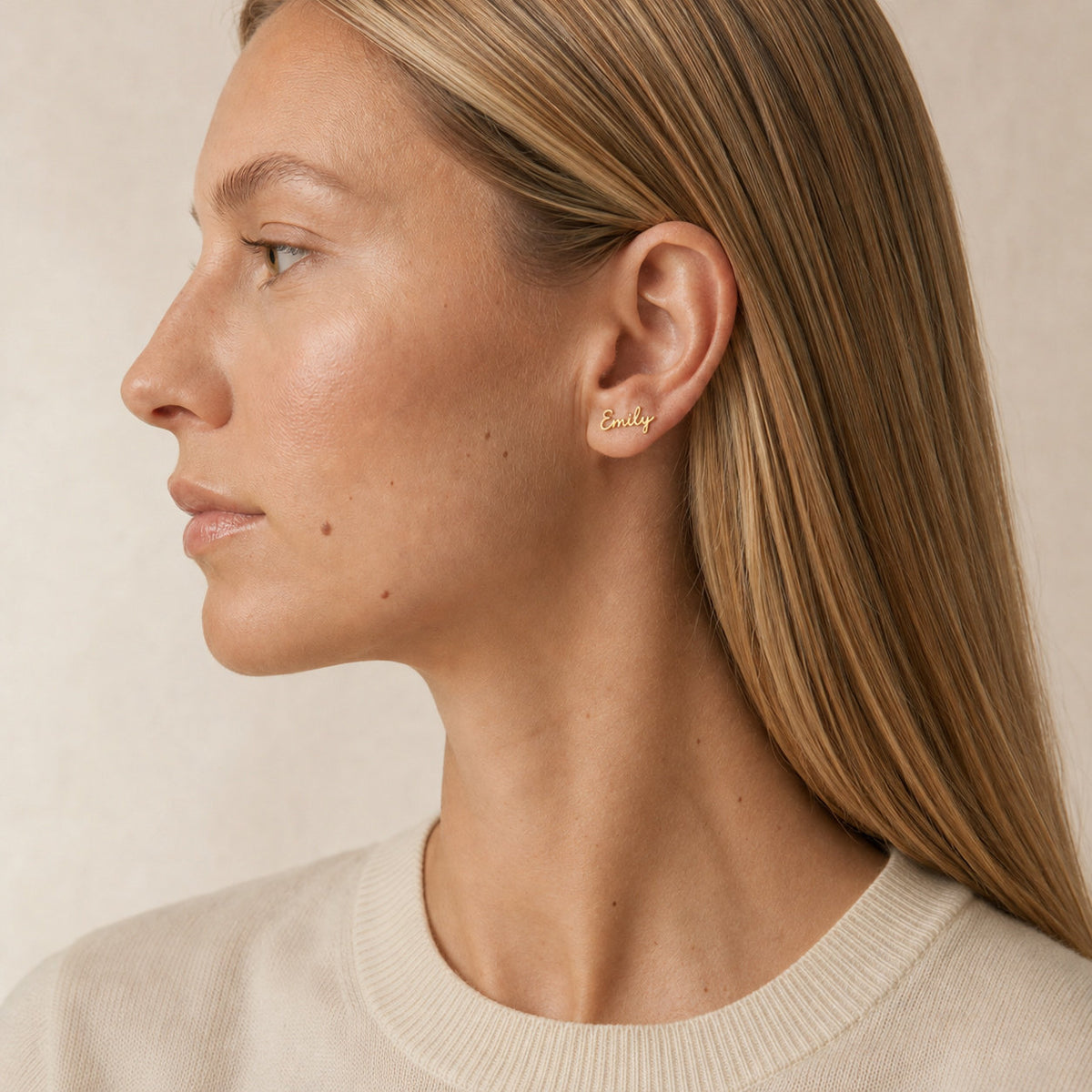 Customized Name Earrings worn on ear