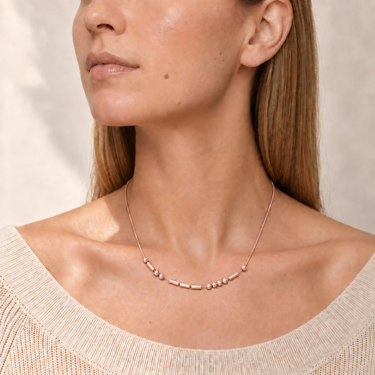 Morse Code Necklace worn close-up, side angle
