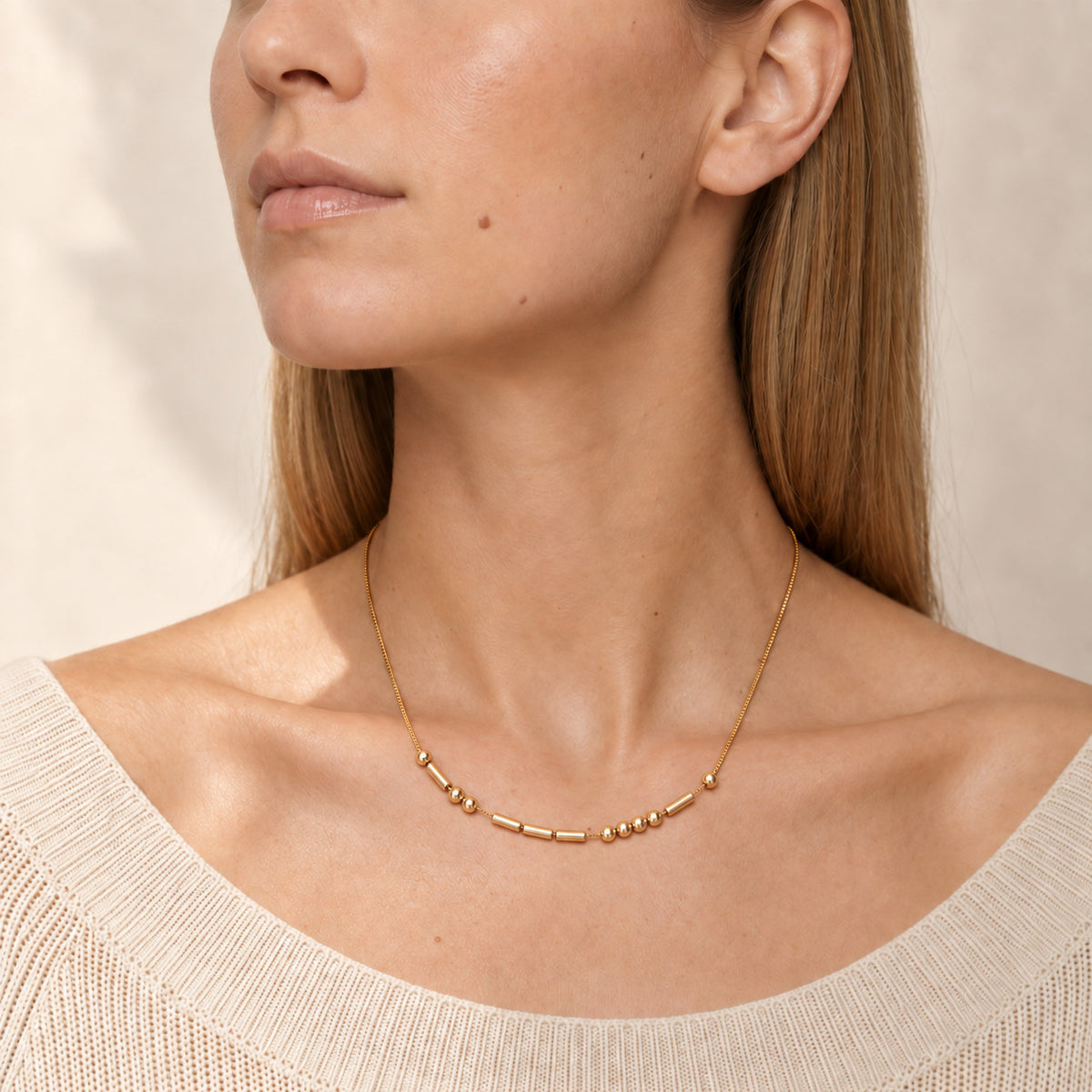 Morse Code Necklace worn on neck