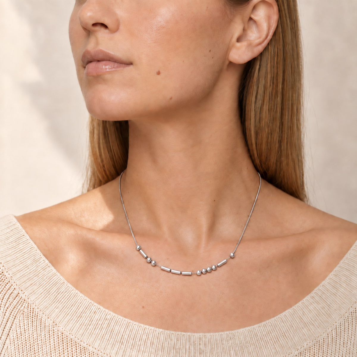 Morse Code Necklace worn close-up