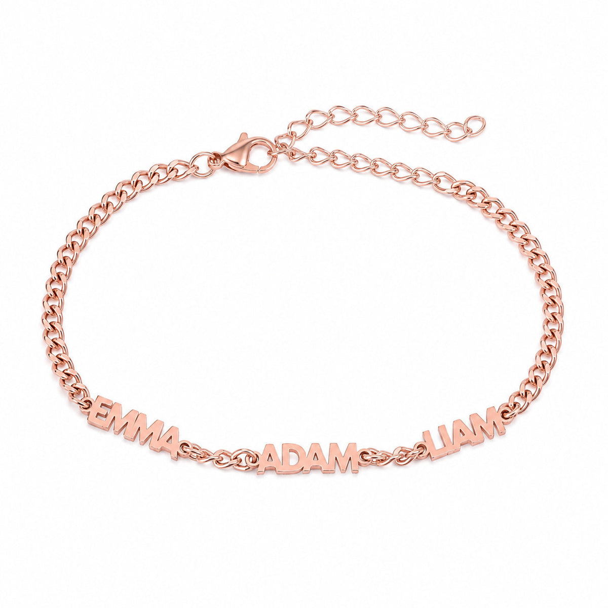 Name bracelet with three names in block capitals in rose gold on a white background