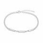 Name bracelet with three names in block capitals in silver on a white background
