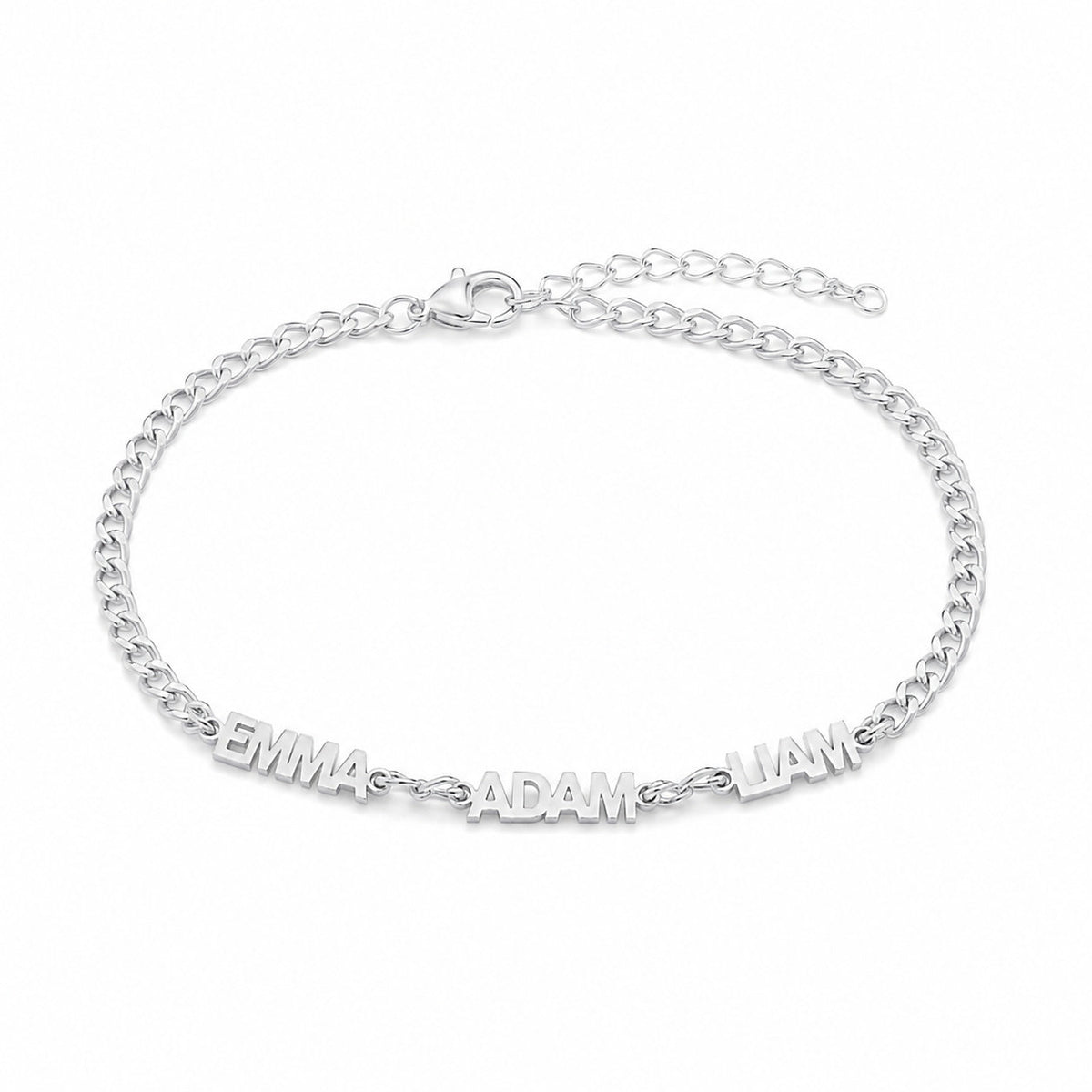Name bracelet with three names in block capitals in silver on a white background
