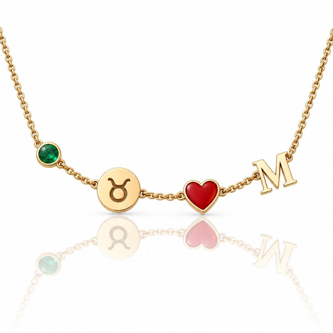 Personalized Birthstone Zodiac Initial Necklace in 14K gold plating