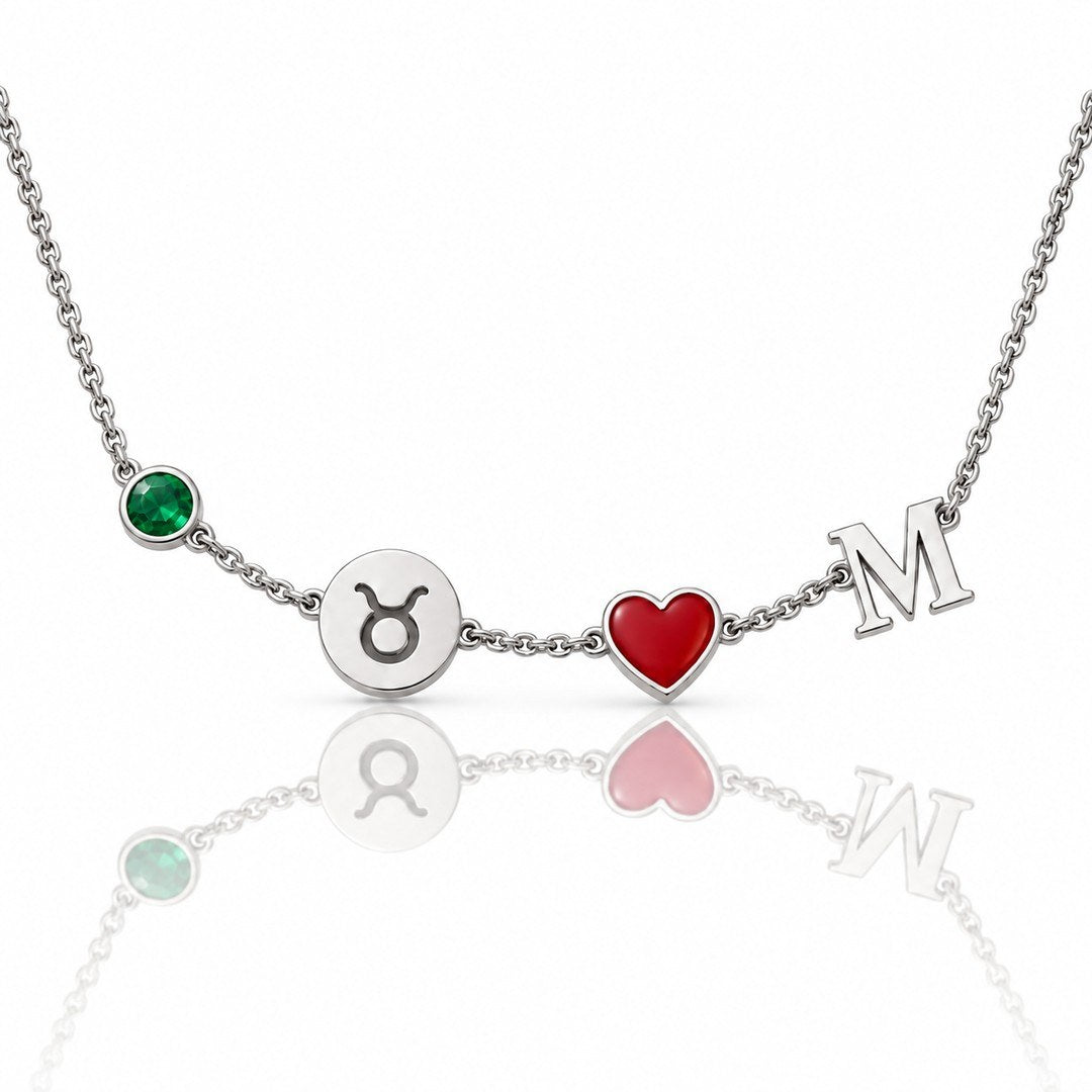 Personalized Birthstone Zodiac Initial Necklace in silver plating