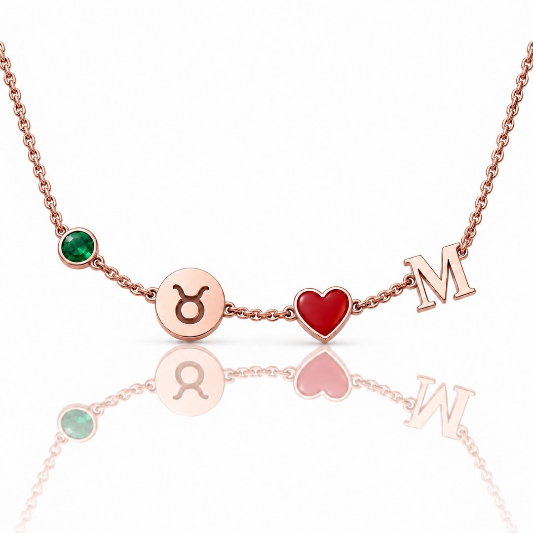 Personalized Birthstone Zodiac Initial Necklace in rose gold plating