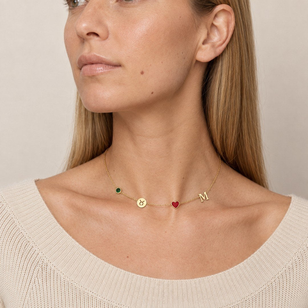 Personalized Birthstone Zodiac Initial Necklace worn on neck