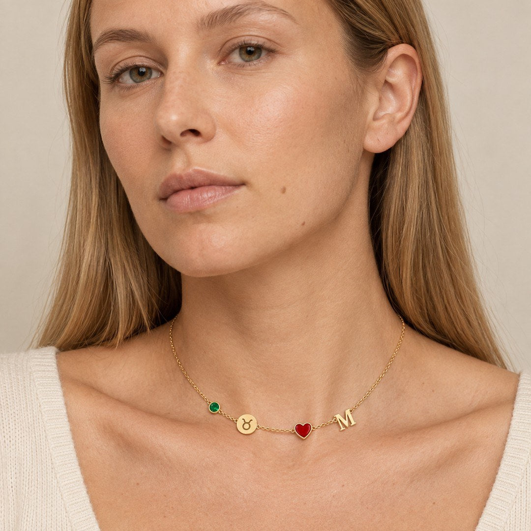 Personalized Birthstone Zodiac Initial Necklace worn close-up on neckline