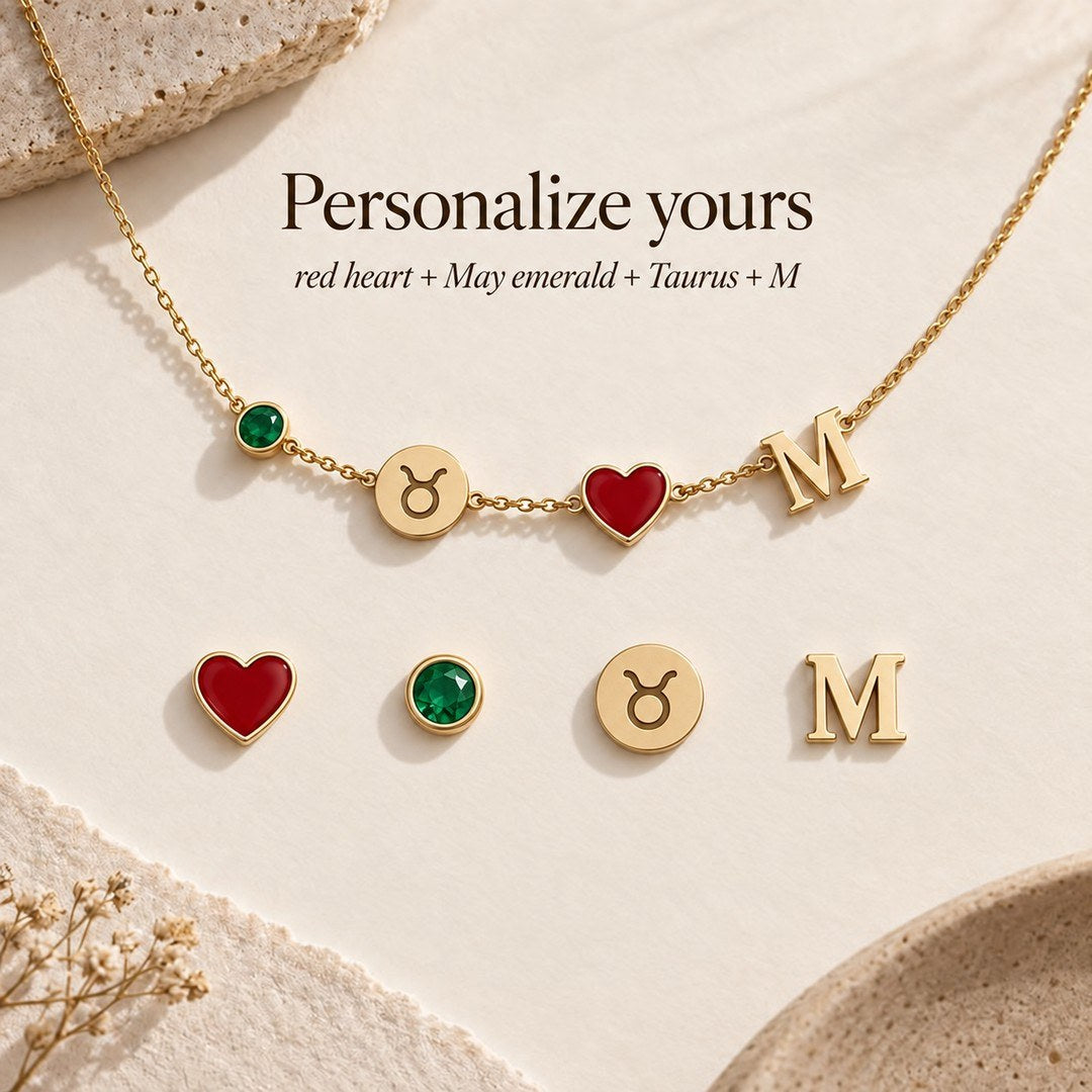 Personalized Birthstone Zodiac Initial Necklace personalization options: heart, birthstone, zodiac sign and initial