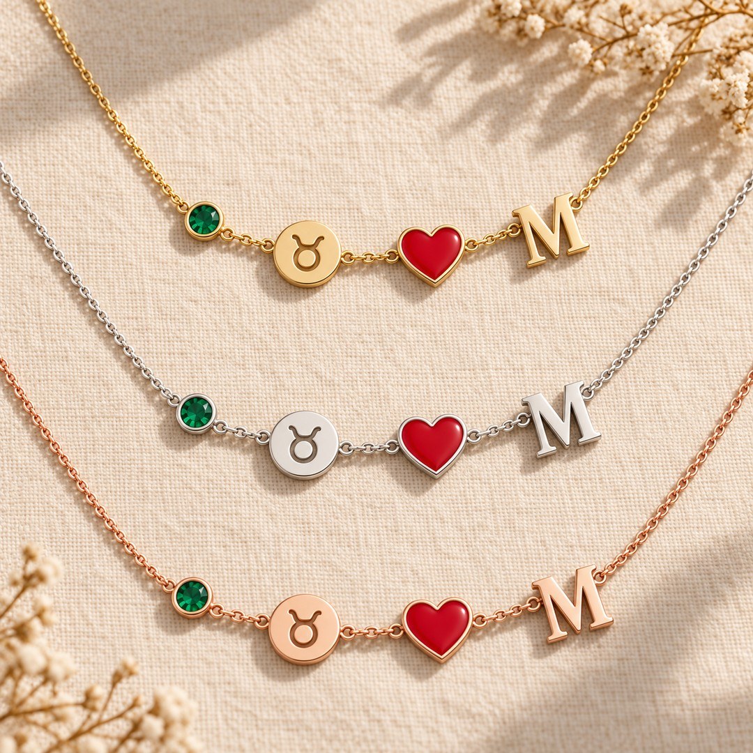 Personalized Birthstone Zodiac Initial Necklace in gold, silver and rose gold