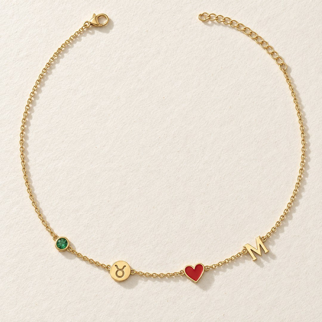 Personalized Birthstone Zodiac Initial Necklace laid flat with lobster clasp and extender chain