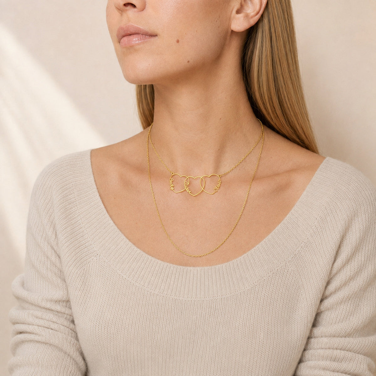 Personalized Heart Name Necklace worn close-up on collarbone