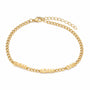 Gold name bracelet with three block capital names laid open with the lobster clasp at the top