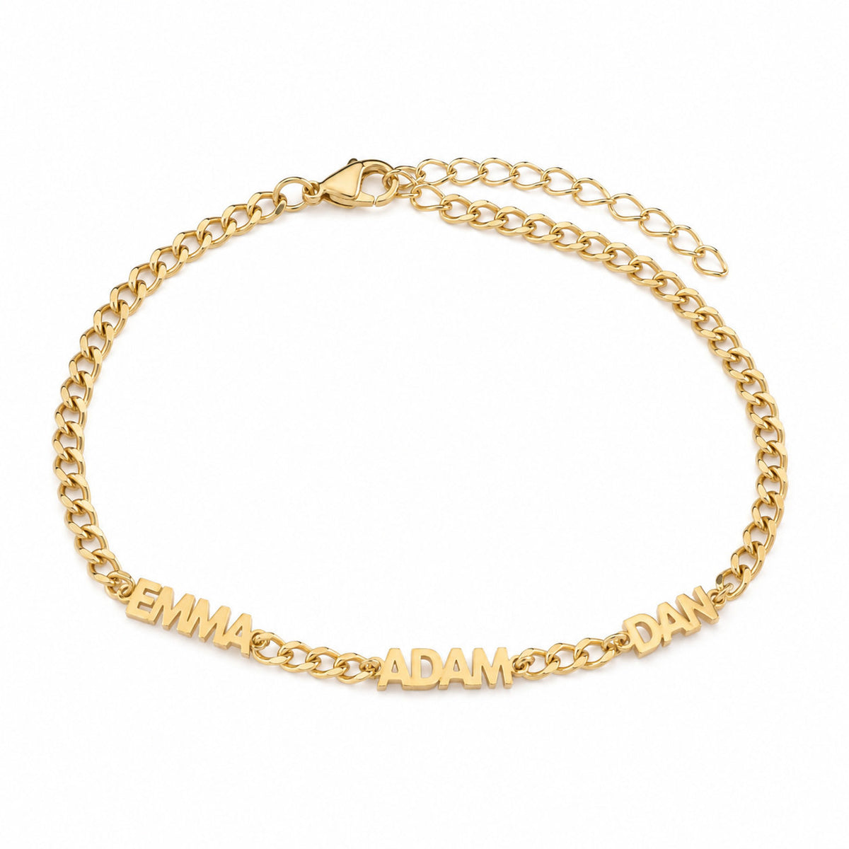 Gold name bracelet with three block capital names laid open with the lobster clasp at the top